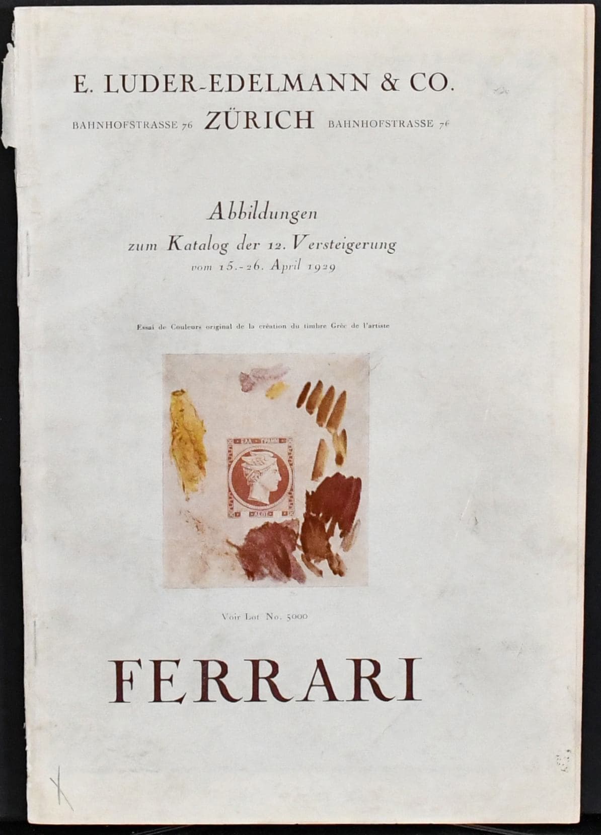 Los 8733 - Griechenland, Ferrari, der legendäre Auktionskatalog Luder-Edelmann 1929 komplett (XII. Auktion, später Corinphila) in guter Gebrauchserhaltung (Fototafeln kleine Umschlagmgl.), mit nicht nur der Ferrari-Slg., sondern auch seltenem Angebot weltweit