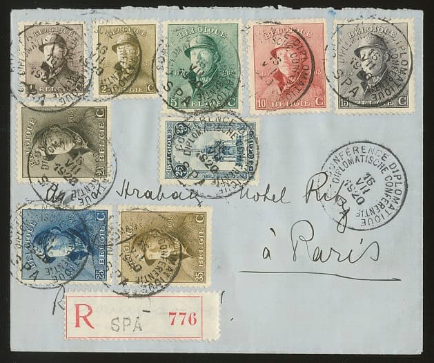 Los 7489 - 1 bis 35 C. Stahlhelm, nebst 25 C. "Perron de Liége", auf Einschreibebrief von Spa nach Paris mit Sonderstempel "Conference Diplomatique"