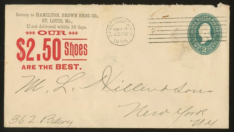 Los 7883 - Ganzsachenumschlag 2 C. mit aufwändigem vorder- u. rückseitigem Werbezudruck (Hamilton Shoes) von 1895, gebraucht