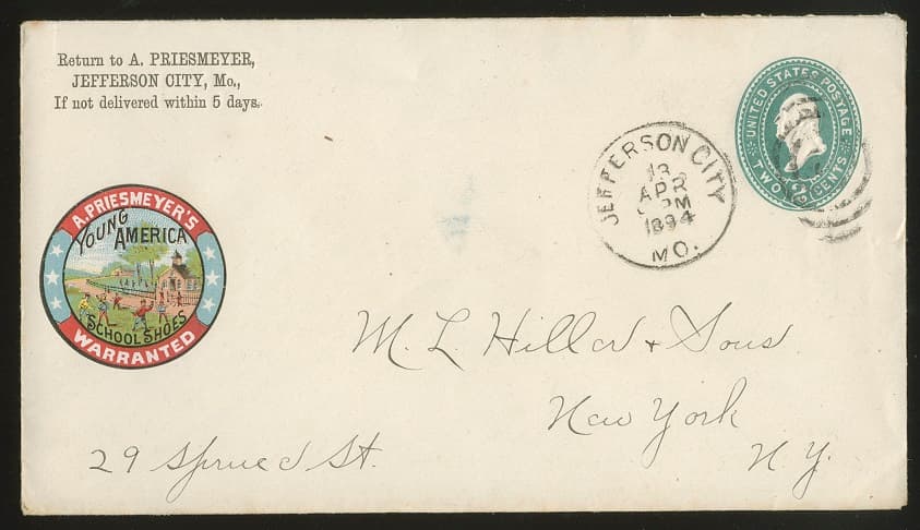 Los 7889 - Ganzsachenumschlag 2 C. mit vorderseitiger Werbevignette (School Shoes) von 1894, gebraucht