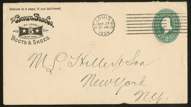 Los 7885 - Ganzsachenumschlag 2 C. mit aufwändigem vorder- und rückseitigem Werbezudruck (Boots and Shoes) von 1894, gebraucht