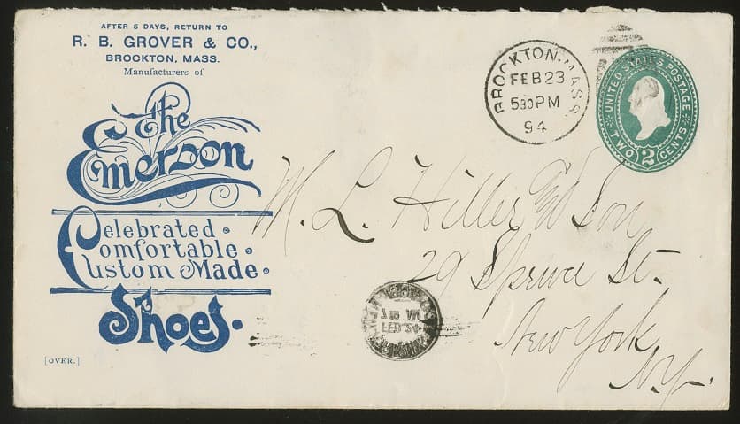 Los 7886 - Ganzsachenumschlag 2 C. mit aufwändigem vorder- und rückseitigem Werbezudruck (Emerson Shoes) von 1894, gebraucht