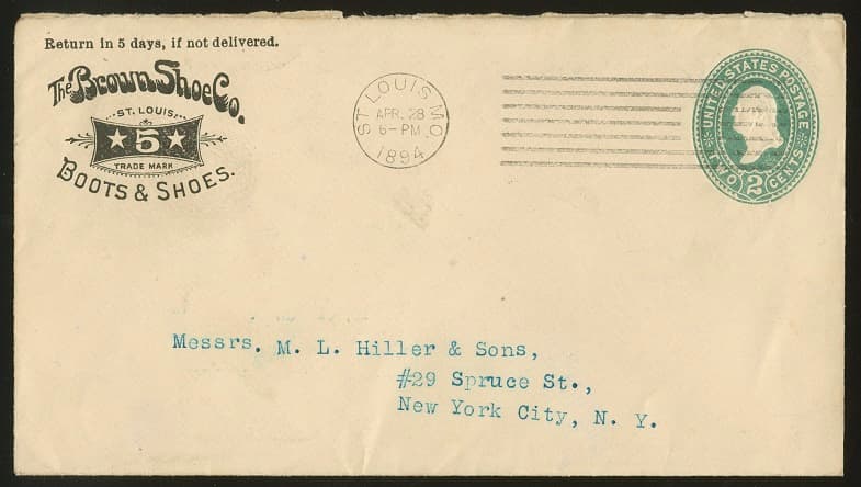 Los 7887 - Ganzsachenumschlag 2 C. mit aufwändigem vorder- und rückseitigem Werbezudruck (Queen Bee Shoes) von 1894, gebraucht