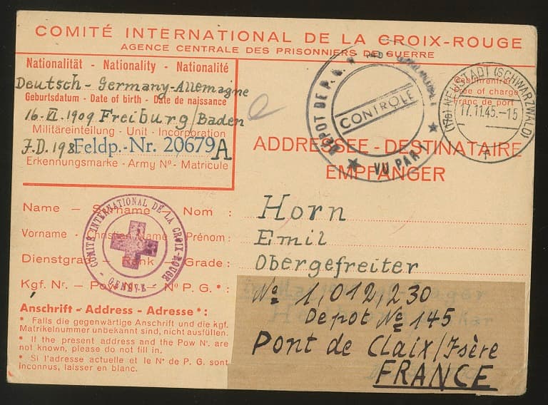 Los 7960 - Rotes Kreuz, 1945, Vordruckkarte (Kriegsgefangenenpost) von Neustadt/Schwarzwald nach Ponte de Claix/Frankreich