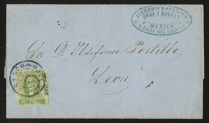 Los 7879 - 2 R. grün, breitrandiges Exemplar auf frischem Brief 1858 von Mexiko nach Leon (Marke unten Vortrennschnitt), dekor. Absenderstempel der "Lieberia Espanola"