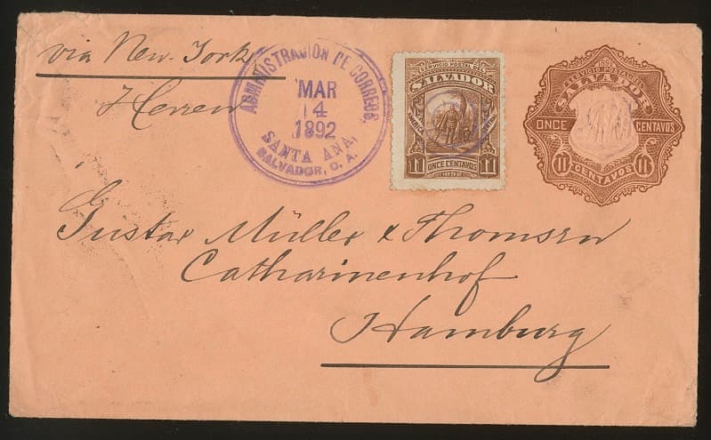 Los 7875 - El Salvador, 1892, 11 C. braun auf Ganzsachenumschlag 11 C. von Santa Ana nach Hamburg über New York, rs. Transit- und Ankunftsstempel, dekorativ