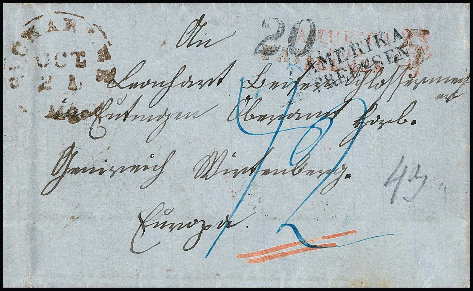 Los 1001 - "Aus Amerika ueb. Preussen", schwarzer L2 in ungewöhnlicher Kombination mit rotem L3 "America über Bremen 33/9" auf Faltbrief (1860) aus den USA nach Württemberg, leichte Gebrauchsspuren