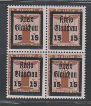 Los 6529 - Glauchau, 15 a. 3 Pfg. Parteidienstmarke mit guter waagerechter Gummiriffelung  im postfrischen Viererblock, sign. Zierer. Mi. 400,-