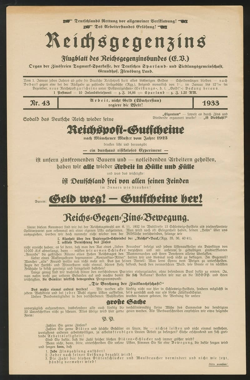 Los 6012 - NS-Zeit, 1933, "Reichsgegenzins", 36 Flugblätter Nr. 43 "Arbeitet, nicht Geld (Wuchersinn) regiere die Welt!"