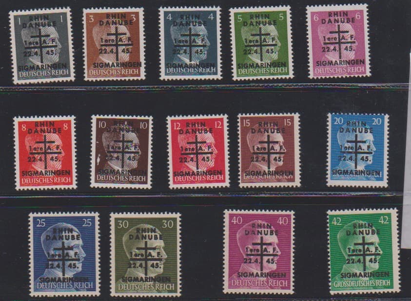 Los 997 - Sigmaringen, 28.4.1945, fast vollständige Serie von 17 verschiedenen Hitler-Werten je mit lokalem Buchdruck-Aufdruck von Sigmaringen, hergestellt und verausgabt auf Veranlassung französischer Armee-Angehöriger anläßlich der Besetzung von Sigmaringen, nach Mayer-Handbuch Nr. 1-19, ohne Nr. 10 und 12. Die entscheidenden Höchstwerte Nr. 17 bis 19 (sowie Nr. 1 und 14) sind postfrisch, die restlichen ungebraucht bzw. Neugummi. 3 Pfg. und 10 Pfg. minimale Mängel, sonst gut. Seltene Serie! Attest Pieles