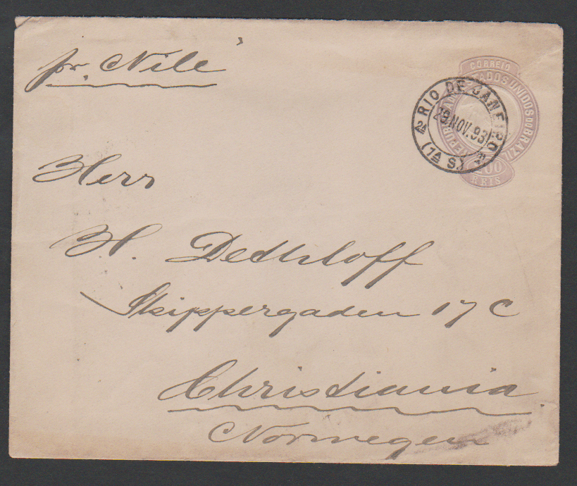 Los 7894 - Brasilien, 1893, Ganzsachencouvert 200 R. lila bedarfsmäßig gebraucht per Schiff "Nile" von Rio de Janeiro nach Christiania/Norwegen