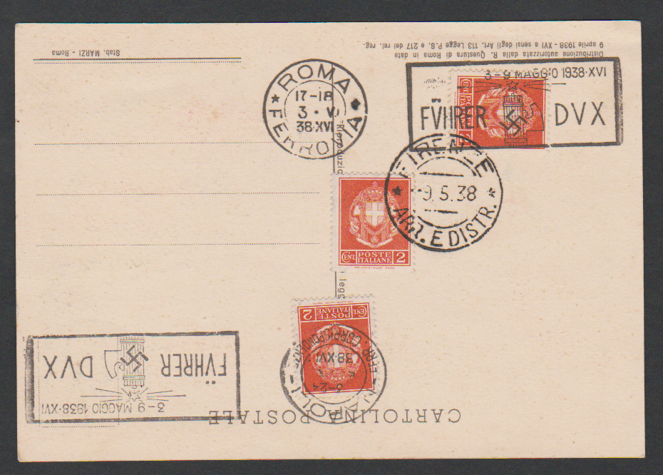 Los 6010 - NS-Propaganda, seltene Colorkarte "Hitler-Mussolini" mit entsprechendem SST auf der italienischen Frankatur