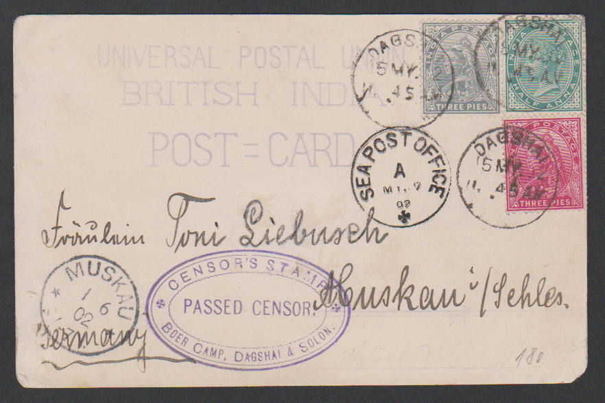 Los 7943 - Indien, 1902, 1/2 A. und zwei versch. 3 P. auf seltener Zensur-Karte aus dem Burenkamp "Dagshai + Solon", mit rs. entsprechendem Zudruck und Zensur, nach Sachsen