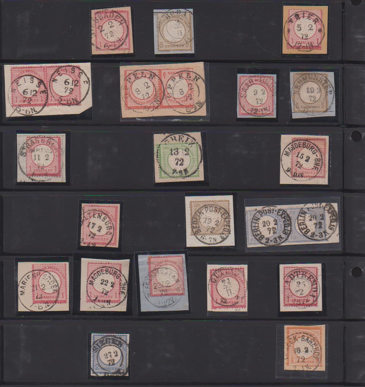 Los 827 - 1.2.-29.2.1872, von den 29 möglichen Stempeltagen sind alle (!) 29 verschiedenen Tage dokumentiert, alle (!) auf Briefstücken, inkl. des Schaltjahrestages 29.2., zusätzlich noch eine Stempelfehleinstellung mit Datum vom 30.2.(!), diverse Befunde