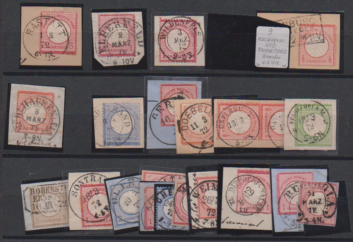 Los 828 - 1.3.-31.3.1872, von den 31 möglichen Stempeltagen sind alle (!) 31 verschiedene dokumentiert, alle (!) auf Briefstücken, inkl. Luxusstücken, zwei Befunde