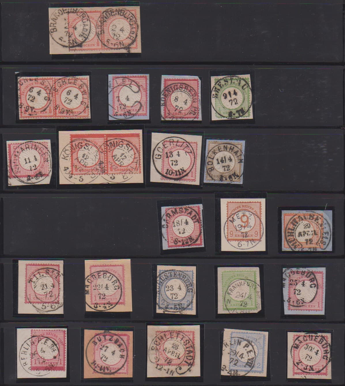 Los 829 - 1.4.-30.4.1872, von den 30 möglichen Stempeltagen sind 29 verschiedene dokumentiert (leider ist der enthaltene 19.4. eine Stempelfälschung, sonst wäre der Monat komplett!), alles (!) Briefstücke, teils Luxus