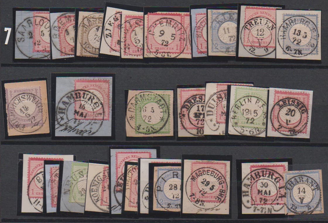 Los 830 - 1.5.-31.5.1872, von den 31 möglichen Stempeltagen sind alle 31 (!) verschiedenen dokumentiert, alle auf Briefstücken inkl. Luxusstücken, ein Brief