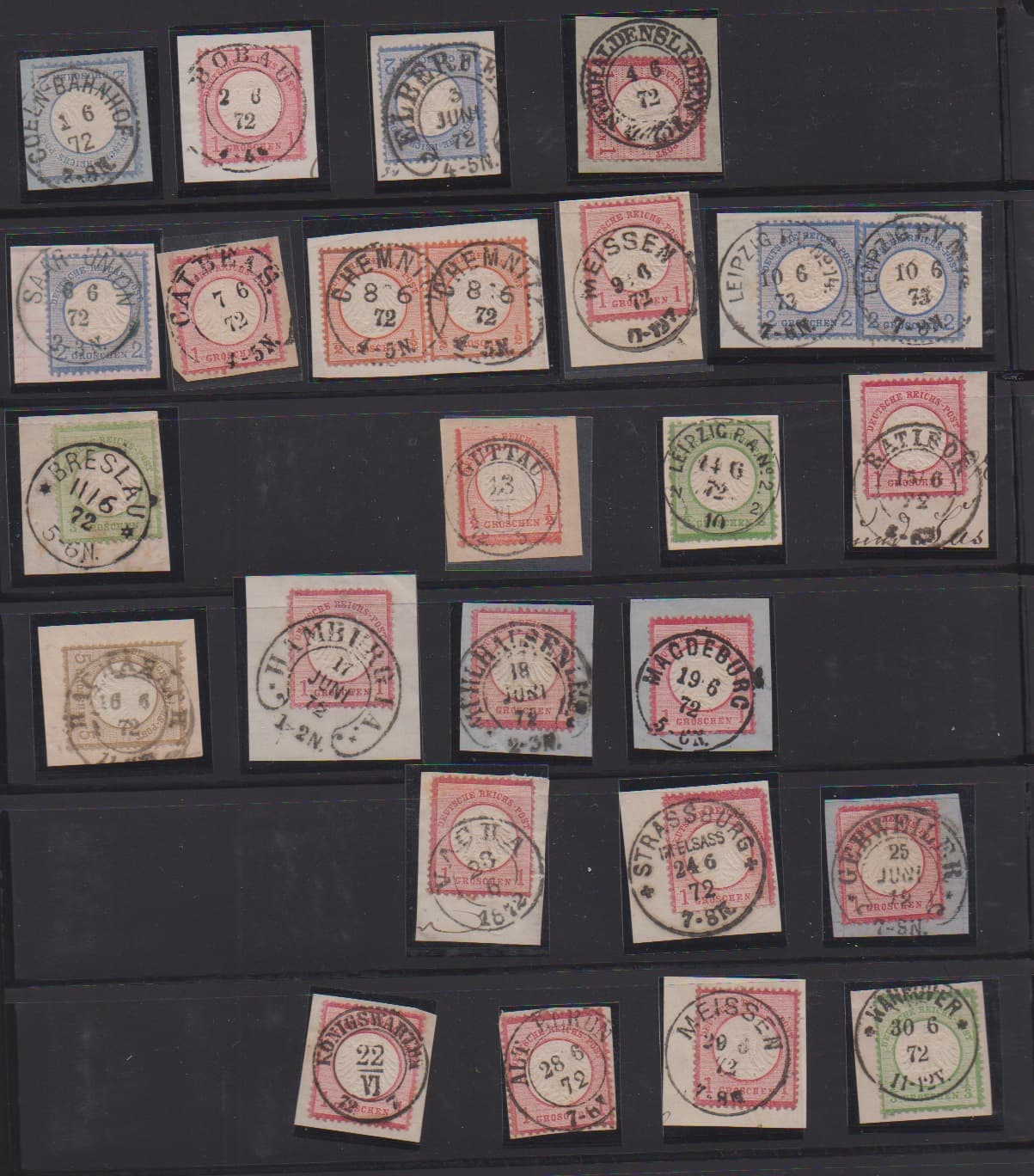 Los 831 - 1.6.-30.6.1872, von den 30 möglichen Stempeltagen sind 29 verschiedene dokumentiert (der 27.6. fehlt), alles auf Briefstücken inkl. Luxusstücken, diverse Befunde