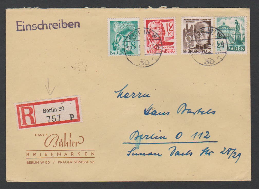 Los 6715 - Französische Zone in West-Berlin verwandt, Baden 8 u. 24 Pfg., Rheinl.-Pfalz 6 Pfg. und Württemberg 12 Pfg. unzulässig am 28.1.1950 auf Orts-R-Brief in West-Berlin (W30) verwandt
