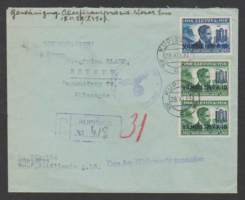 Los 7853 - 30 (Paar) und 60 C. Wiedervereinigung auf R-Brief ab Kupiskis, 28.11.39, nach Deutschland mit Wehrmachts-Zensur