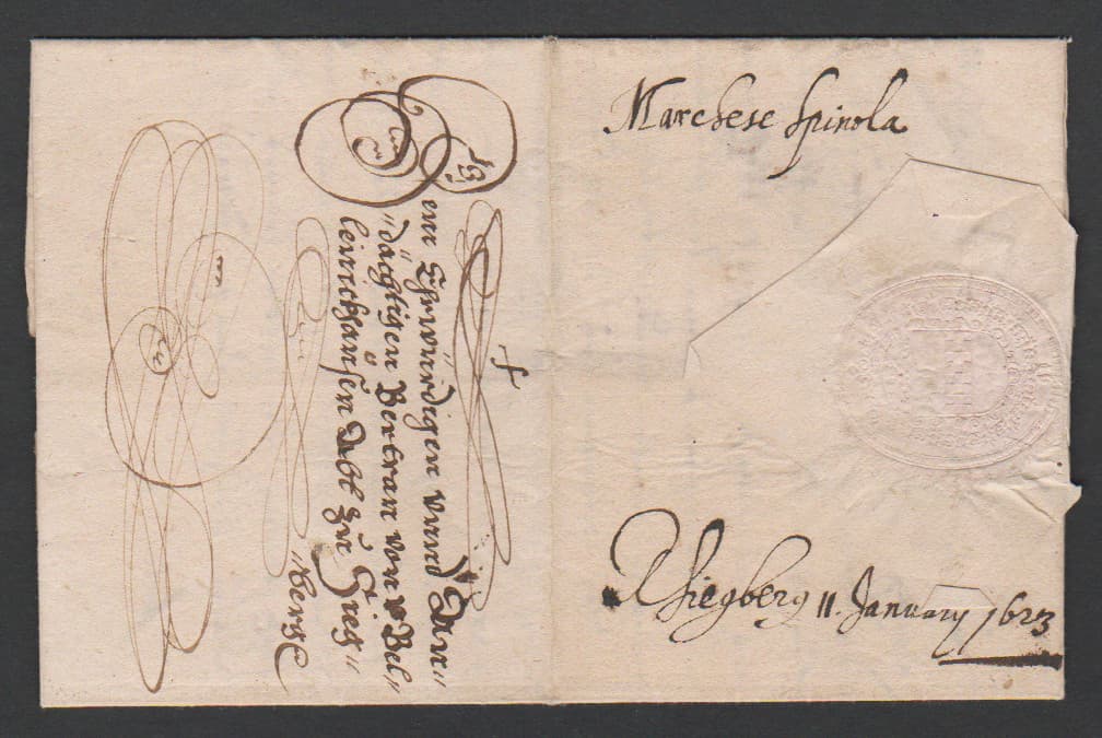 Los 7488 - "Brüssel", 1623, 4.1. (der Tag nach der Kapitulation der holländischen Besatzung), Brief des Generals Spinola nach Siegburg, seltener Brief aus dem 30-jährigen Krieg (gekauft 55. Potsdamer 2016, 315,- Euro + Aufg.)