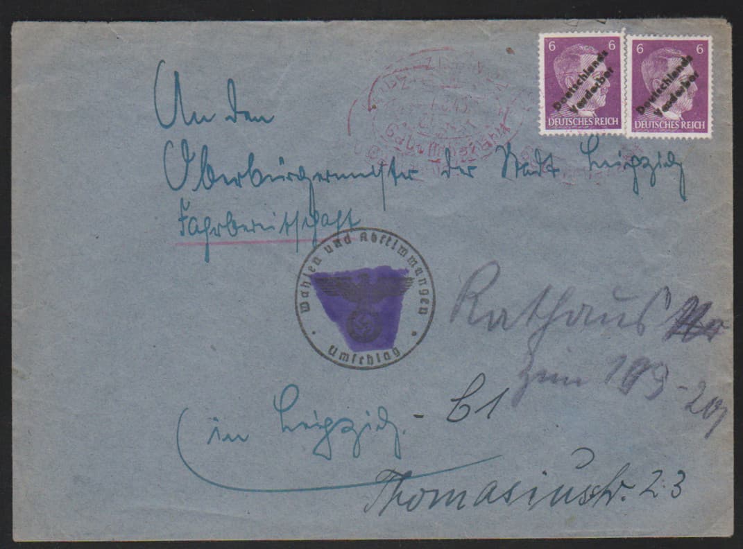 Los 6535 - Meissen, 7.8.45, zweimal 6 Pfg. nebst rotem Ovalstempel "Leipzig Gebühr bezahlt" auf Bedarfsbrief an den Oberbürgermeister in Leipzig