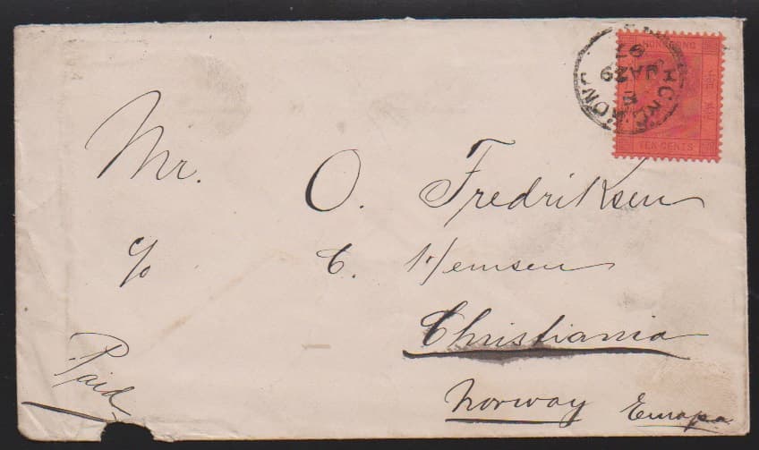 Los 7941 - Hongkong, 1897/99, 10 C. lila/rot je einzeln auf zwei Couverts (einmal kl. Randmgl.) von Hongkong nach Norwegen, seltene Postverbindung