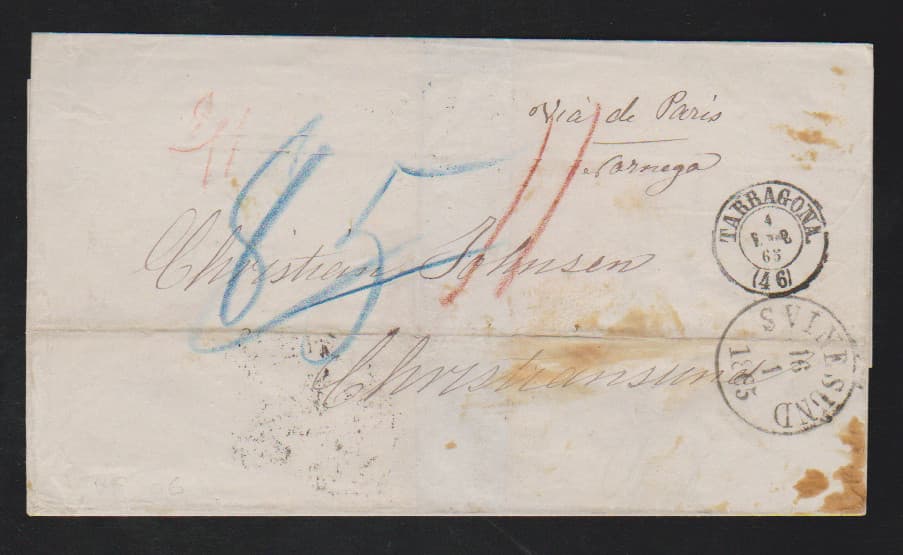 Los 1222 - "Spanien-Norwegen", 1865, früher, leider fleckiger Brief von Tarragona (K2) via Preußen/Lübeck/Svinesund nach Christiansand
