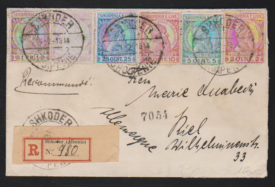 Los 7830 - 2 Q. bis 1 Fr., kpl. Serie auf R-Brief (unten kl. Randriß) von Shkoder, 14.2.1914, nach Kiel