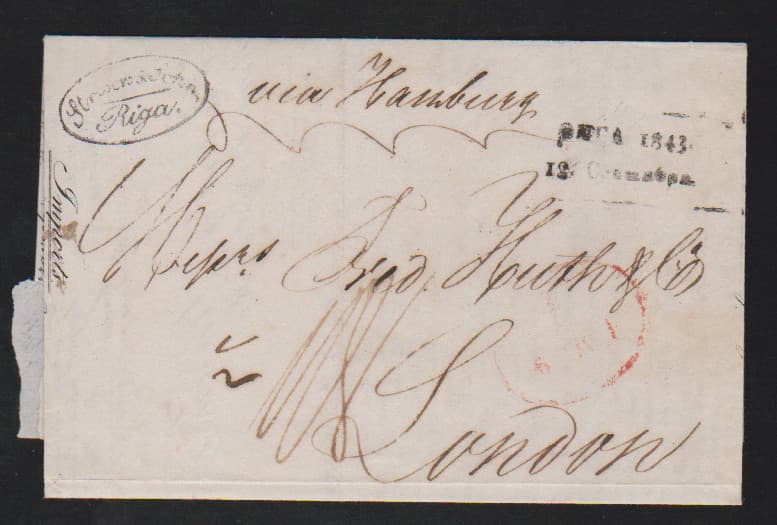 Los 1221 - "Rußland-England", 1825, früher Brief mit Aufgabe-L1 "RIGA" via Memel (vs. L2) nach London, dito Brief 1843 ebenfalls aus Riga, jedoch je via Hamburg (rs. K2)