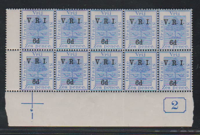 Los 7908 - Oranjefreistaat, 1900, 6 P. a. 6 P., Aufdruckwert im etwas angetrennten postfrischen Unterrand-Zehnerblock (linke obere Marke kl. Eckbug) mit Passerkreuz und Platten-Nr. "2"