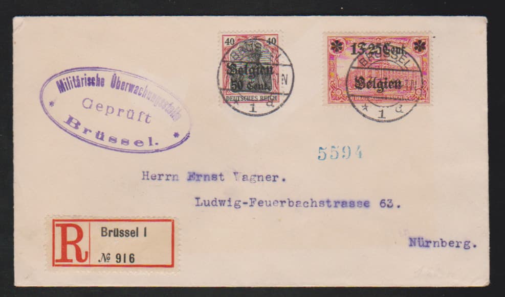 Los 6342 - 1 Fr. 25 C. (nebst 50 C.), sowie 2 Fr. 50 C., gute Type IIB, auf zwei Zensur-R-Briefen aus Brüssel nach Deutschland