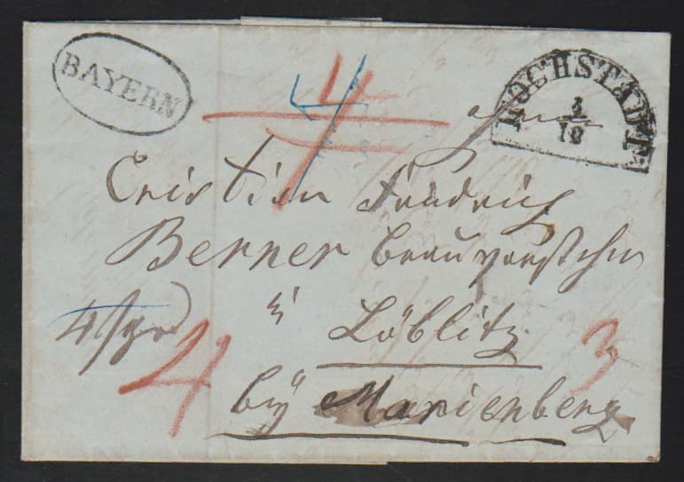 Los 1209 - "Bayern", Ovalstempel auf zwei Briefen, 1839 mit L1 "FÜRFELD" nach Posen recom., sowie 1850 auf Brief von Höchstadt (HK)