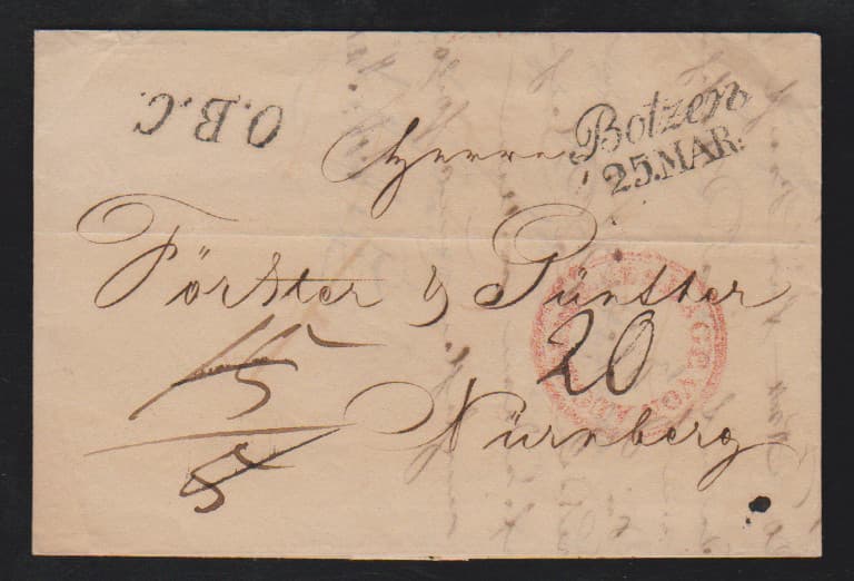 Los 1219 - "O.B.C.", L1 in blau (selten, 1848 nebst rotem K1 "Auslage von Augsburg"), ferner rot 1843 und schwarz 1843/44, auf vier Briefen