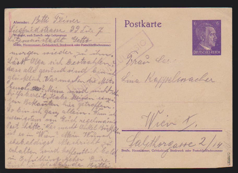 Los 6004 - Ghettopost Litzmannstadt, 6 Pfg. Hitler-Ganzsachenkarte (1943) aus dem Ghetto nach Wien adressiert mit Zensur, aber deshalb nicht befördert, sign. Schmutz