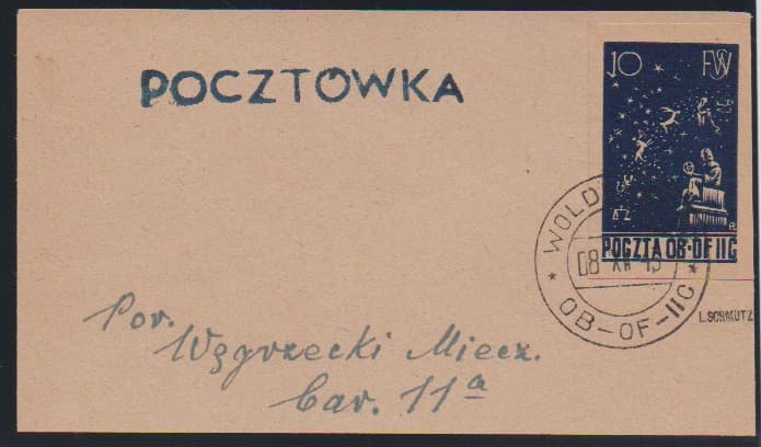 Los 6006 - Lagerpost, Woldenberg 1943, Nikolaus Kopernikus, kpl. Serie von drei Marken auf Briefstücken ("OB-OF-II C"), einmal sign. Schmutz