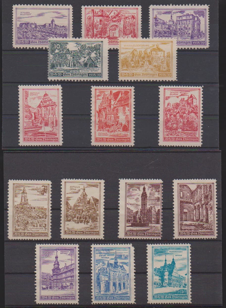 Los 6007 - NS-Propaganda, 1938/39, Spendenmarken des Winterhilfswerks für den GAU Thüringen, kpl. Serie von 28 verschiedenen Werten wie verausgabt (ausgabetyp. Zähnung)