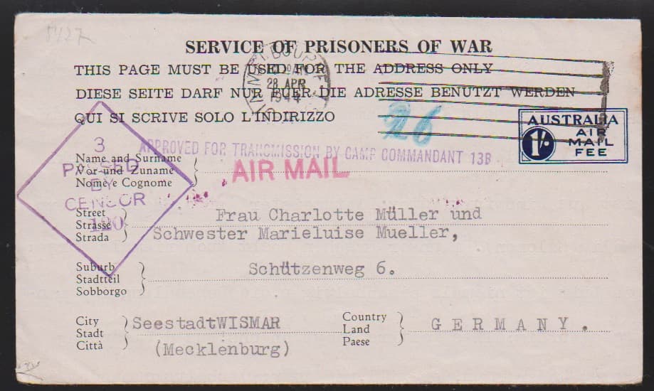 Los 7914 - Australien, 1943/44, sowohl Kriegsgefangenen-Ganzsachenkarte zu 6 P. als auch Kartenbrief "Service of Prisoners of War" zu 1 P. je bedarfsgebraucht mit Zensur nach Deutschland