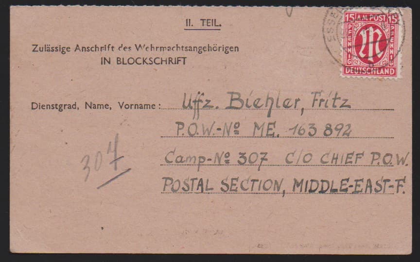 Los 1013 - 15 Pfg. Deutscher Druck auf drei Kriegsgefangenen-Postkarten aus gleicher Korrespondenz von Essen-Bredeney 1946 nach Ägypten (!), zwei mit Einzelfrankaturen (einmal die portofreie Fragekarte noch beiliegend), die dritte Karte mit sehr seltener Mehrfach-Frankatur per zwei in frischer Erhaltung. Mi. 1300,- +