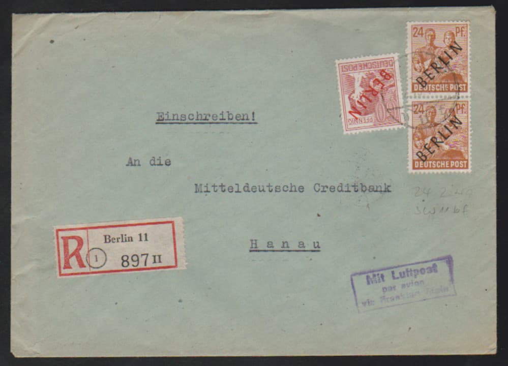 Los 6722 - 8, 10, 12, 24 u. 30 Pfg. Schwarzaufdruck zusammen auf portoger. R-Brief von Berlin-Frohnau, 9.9.48, nach Pinneberg, sowie Paar 24 Pfg. SA, nebst Rotaufdruck 60 Pfg., auf Bedarfs-R-Lupo-Brief von Berlin SW11, 24.2.49, nach Hanau