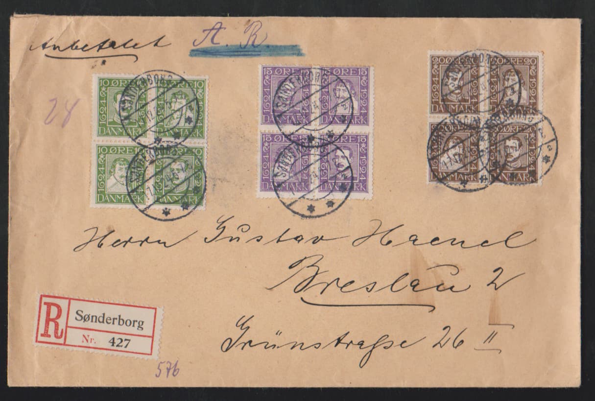 Los 7494 - 300 Jahre Dänische Post, drei Viererblöcke komplett auf gelaufenem R-Brief aus Sonderburg, 17.12.24, nach Breslau