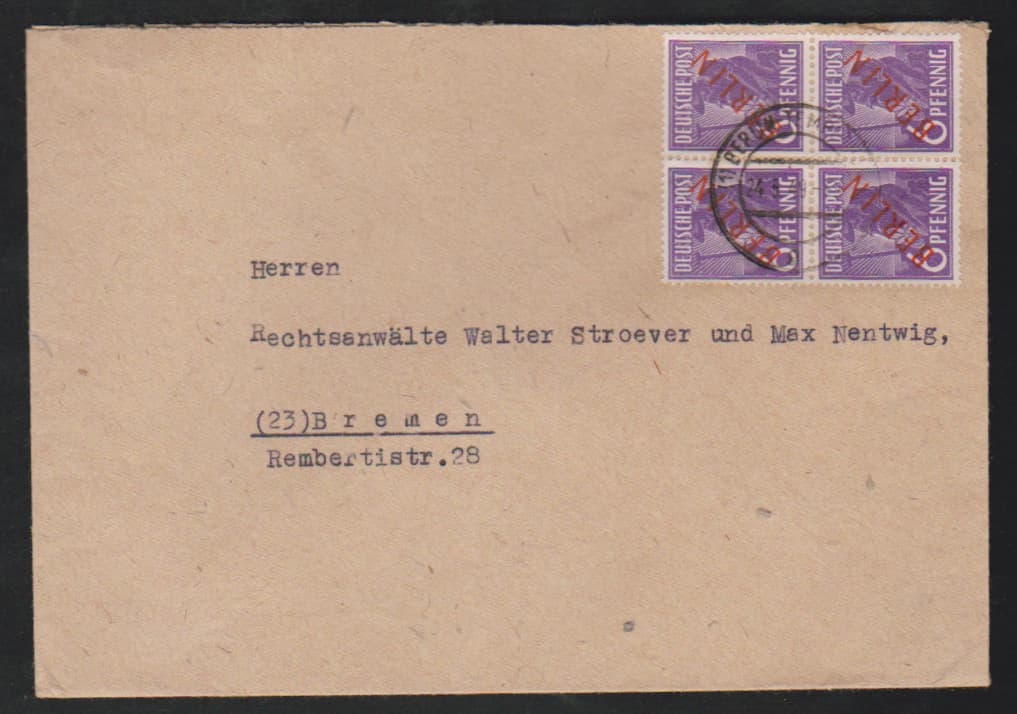 Los 6718 - Schwarzaufdruck, drei bessere Belege, zweimal MiF mit SBZ Maschinen-Aufdruck, sowie 8 Pfg. im Paar als MeF auf "Geschäftspapiere mit Nachgebühr", ferner Viererblock 6 Pfg. Rotaufdruck auf Brief
