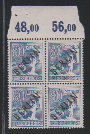 Los 6727 - 15 Pfg. u. 80 Pfg. Schwarzaufdruck, je postfrischer Plattendruck-Oberrand-Viererblock ndgz. Mi. über 470,-