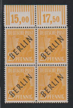 Los 6734 - 25 Pfg. Schwarzaufdruck, postfr. Walzendruck-Oberrand-Viererblock, Mi. 340,-