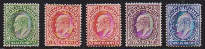 Los 7916 - Falkland-Inseln, 1904, Edward bis 5 Sh. (inkl. 1 P. in X/Y) ungebraucht, 3 Sh. leicht getönter Gummi, seltene Serie. Mi. 600,-