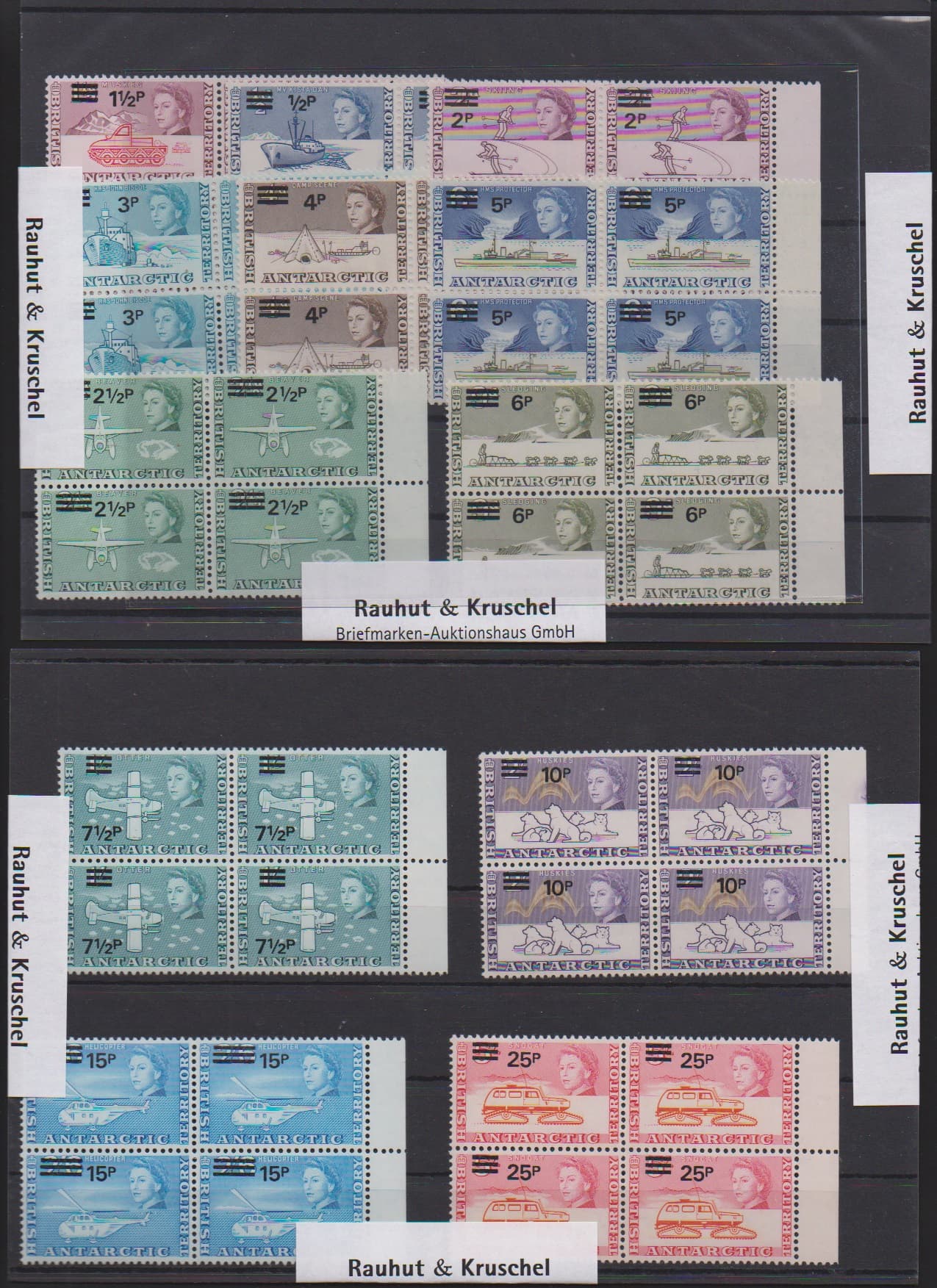 Los 7915 - Britische Antarktis (BAT), 1971, Aufdrucke (ohne Nr. 26) in postfrischen Viererblöcken, Mi. 360,-