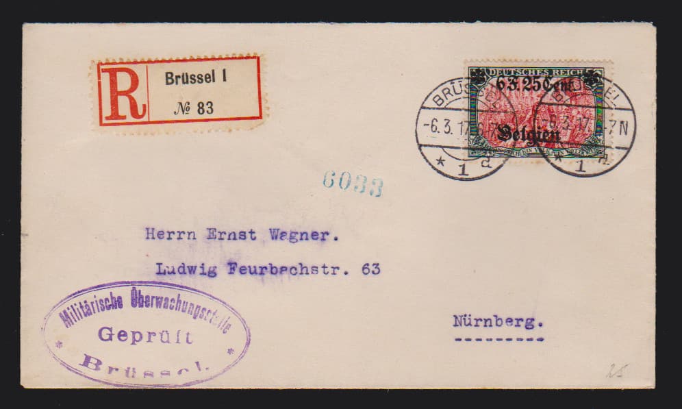 Los 6343 - 6 Fr. 25 C., Höchstwert (min. getönte Zahnspitzen) auf Zensur-Sammler-R-Brief aus Brüssel, Fotoexp. Wasels. Mi. 400,-
