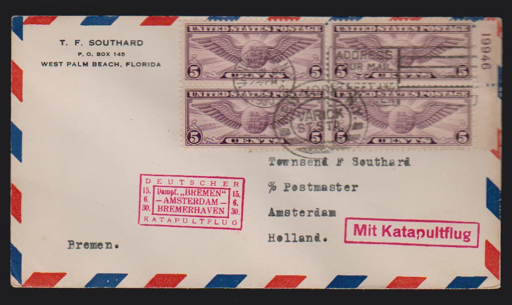 Los 7892 - 5 C. Flugpost im Plattennummern-Rand-Viererblock auf Katapultflug-Lupobrief ab Florida via New York, Dampfer "Bremen" bis Amsterdam 1930
