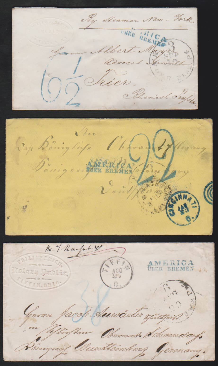 Los 1206 - "America über Bremen", blauer L2 nebst versch. Taxstempeln, "22" und "6 1/2" bzw. hs. "38", auf drei Briefen nach Deutschland (1865-1867)