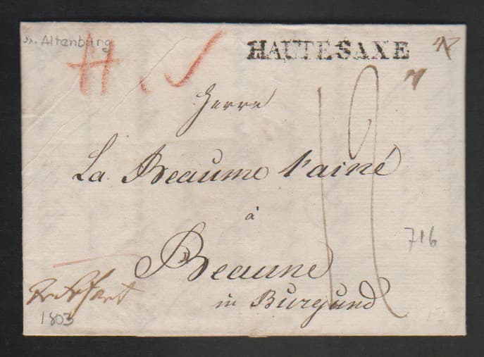 Los 1213 - "Haute Saxe", 1803, L1 auf Brief von Altenburg nach Beaune/Burgund (Franrkeich)